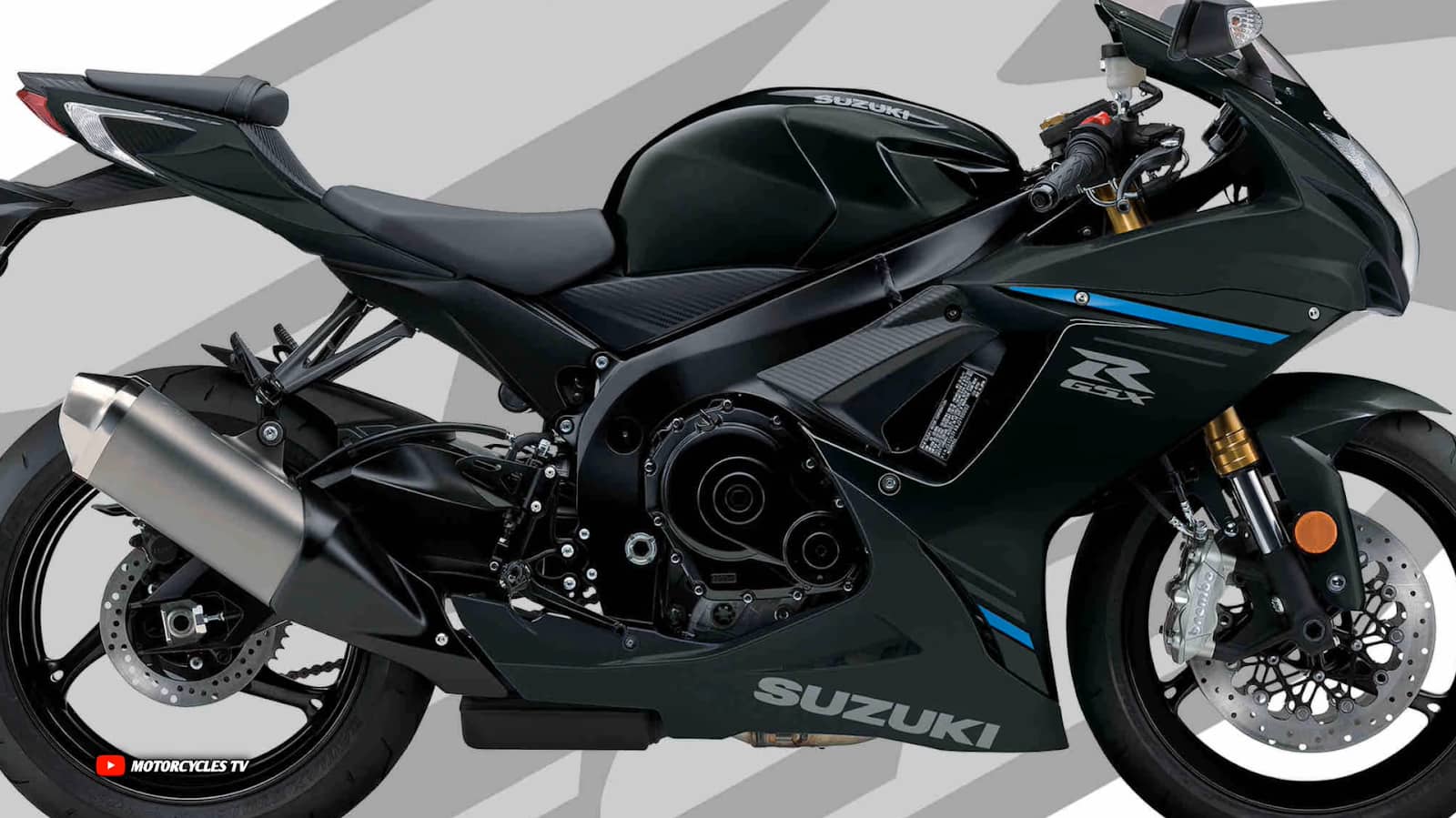 Black Suzuki motorcycle with blue accents and black wheels