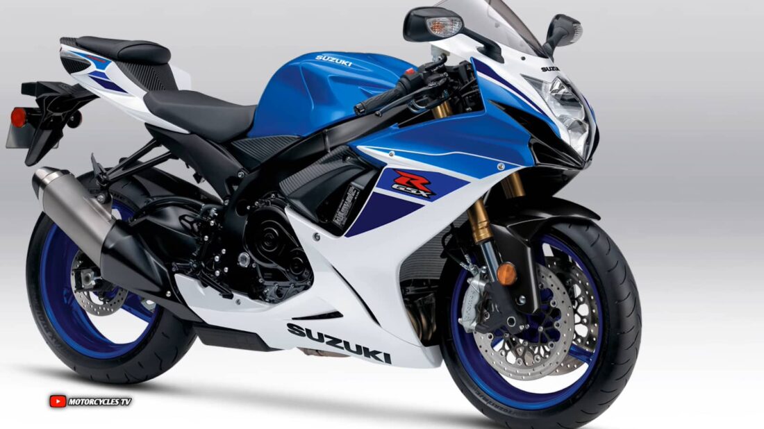 A Suzuki sportbike in blue and white with gold forks