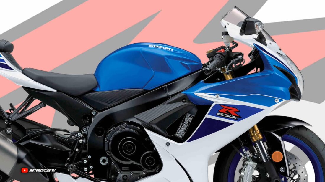 Suzuki sportbike showcased with pink and white abstract background